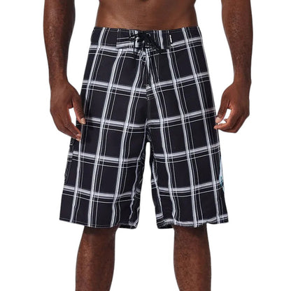 COMFORTH Men's athletic board shorts in black and white plaid. Quick-drying fabric with drawstring closure.