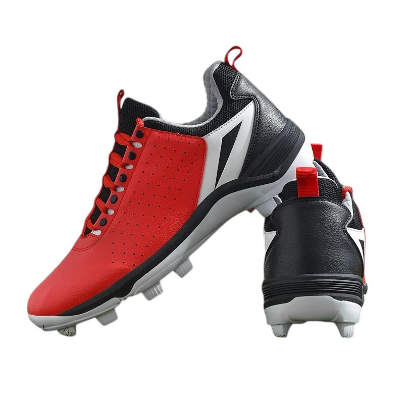 COMFORTH Men's red and black athletic cleats with perforated synthetic leather upper and white accents. Lace-up closure.