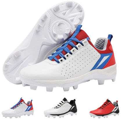 COMFORTH Men's white athletic cleats with red and blue accents, perforated synthetic leather, lace-up closure.