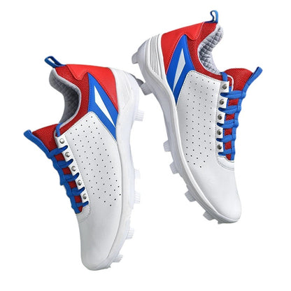 COMFORTH Men's white athletic cleats with red and blue accents, perforated synthetic leather, lace-up closure.