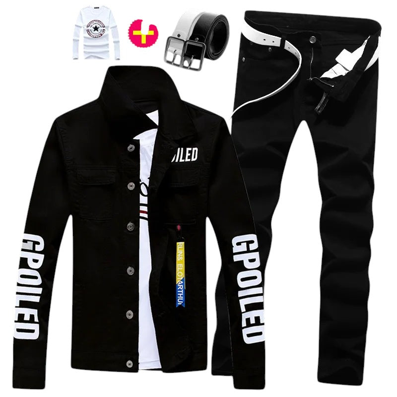 COMFORTH Men's black denim jacket and pants set with white t-shirt and belt. Features graphic lettering.