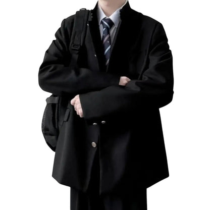 COMFORTH Men's black blazer jacket with mandarin collar, button closure, and tie. Model wears backpack.