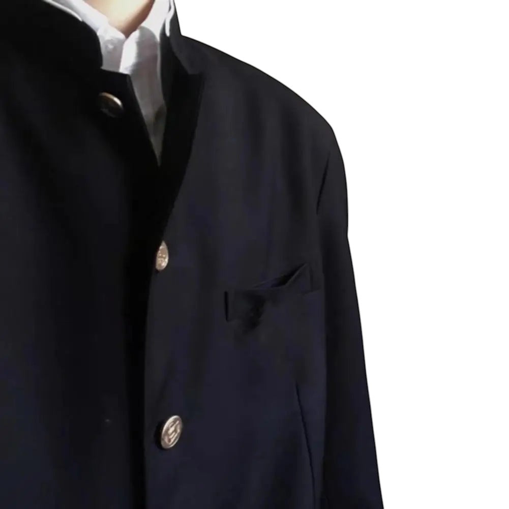 COMFORT Men's black blazer jacket with mandarin collar and gold buttons, featuring a chest pocket.