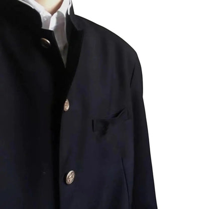 COMFORT Men's black blazer jacket with mandarin collar and gold buttons, featuring a chest pocket.