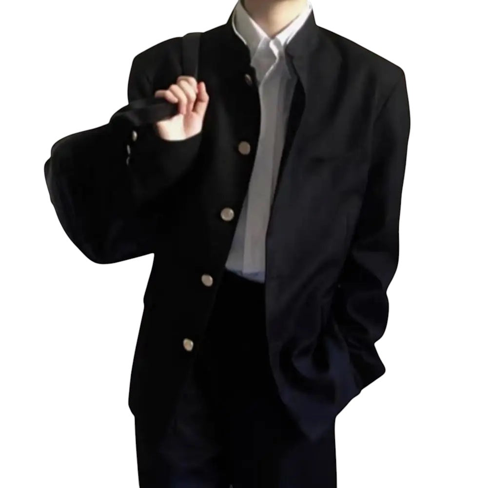 COMFORT Men's black blazer jacket with mandarin collar, white shirt, and gold buttons.