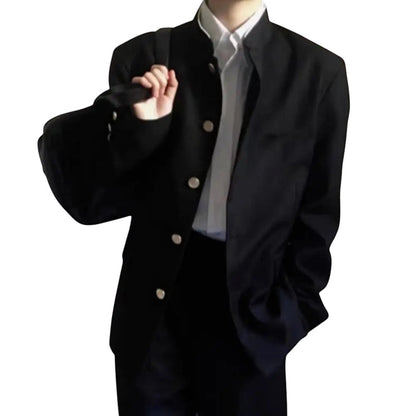 COMFORT Men's black blazer jacket with mandarin collar, white shirt, and gold buttons.