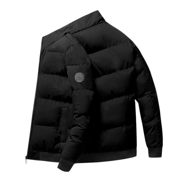 COMFORTH Men's black quilted puffer jacket with stand collar, zip front, ribbed cuffs and hem.