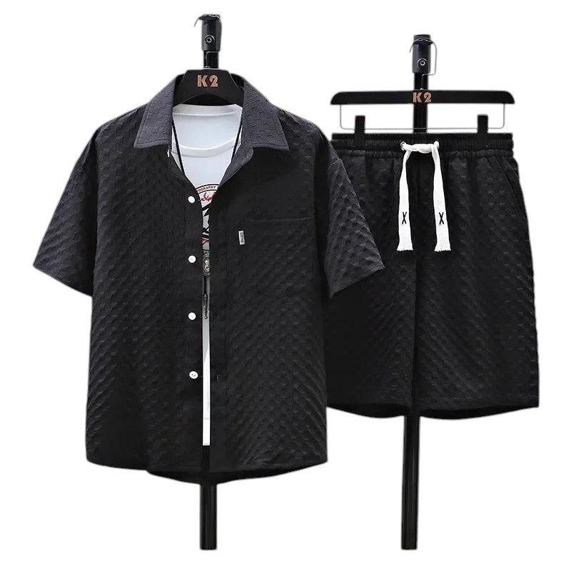 COMFORTH Men's black textured short sleeve shirt and shorts set with diamond pattern, elastic waistband, and drawstring.