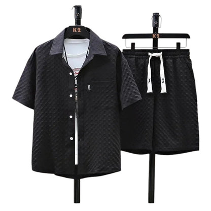COMFORTH Men's black textured short sleeve shirt and shorts set with diamond pattern, elastic waistband, and drawstring.