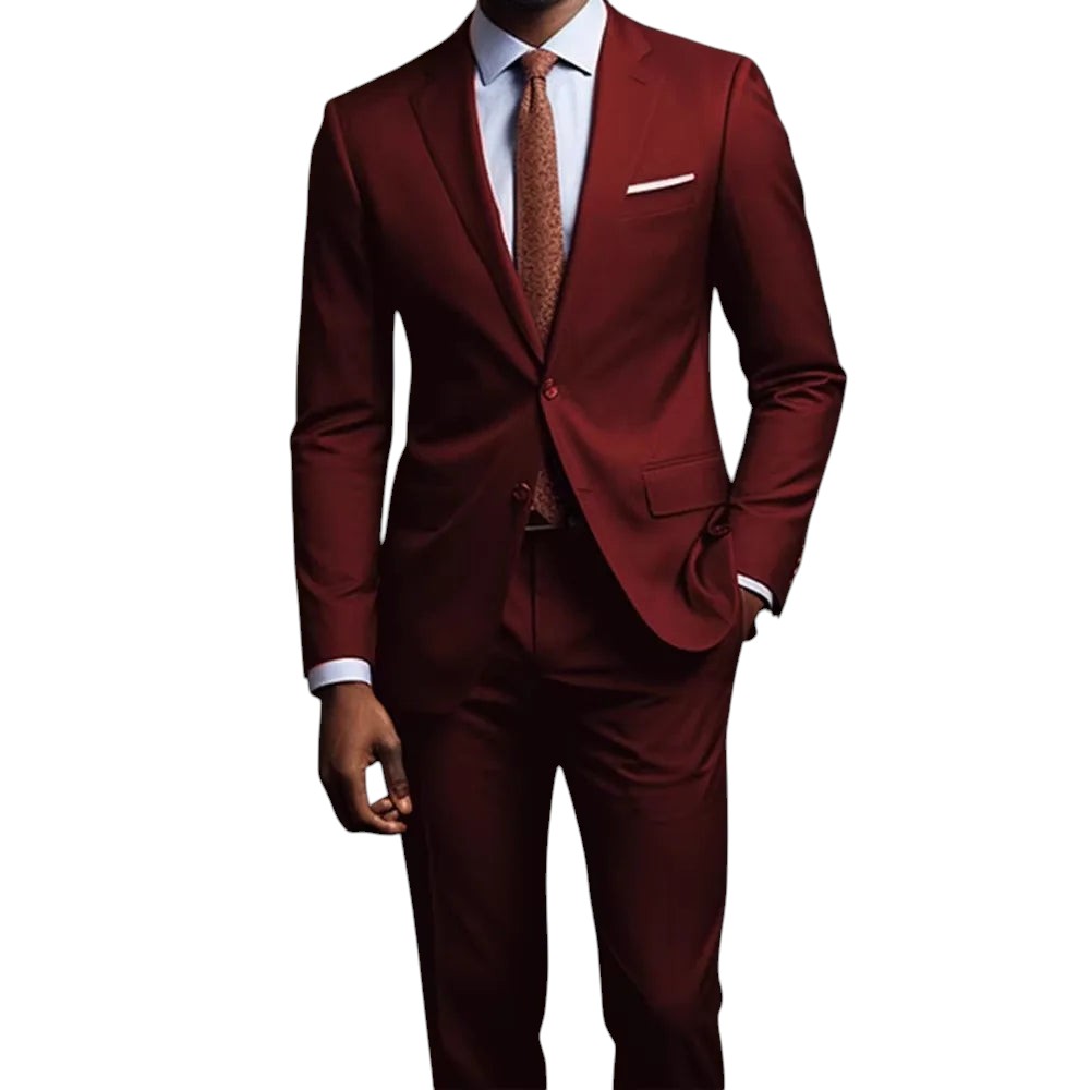 COMFORTH Men's Classic Fit Two-Piece Suit in burgundy, featuring a single-breasted jacket with notch lapels and flat-front trousers.