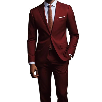 COMFORTH Men's Classic Fit Two-Piece Suit in burgundy, featuring a single-breasted jacket with notch lapels and flat-front trousers.