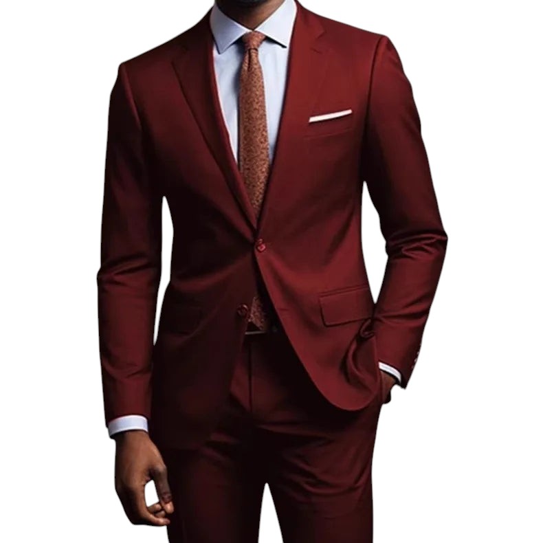 COMFORTH Men's Classic Fit Two-Piece Suit in burgundy, featuring a single-breasted jacket with notch lapels and flat-front trousers.