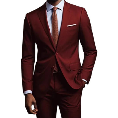 COMFORTH Men's Classic Fit Two-Piece Suit in burgundy, featuring a single-breasted jacket with notch lapels and flat-front trousers.