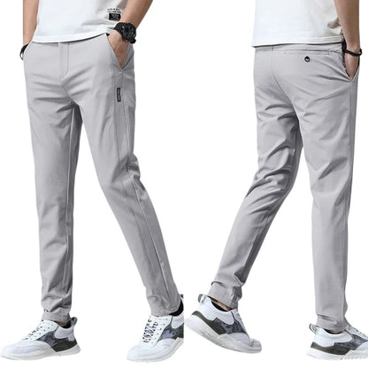 COMFORTH Men's light grey casual stretch chino pants, slim fit, cotton-spandex blend, versatile for work or leisure.