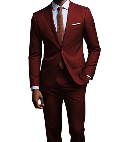 COMFORTH Men's Classic Fit Two-Piece Suit in burgundy, featuring a single-breasted jacket and flat-front trousers.