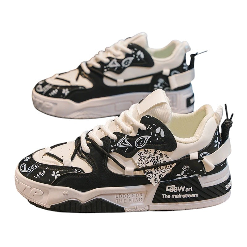 COMFORT Men's black and white fashion sneakers with graphic bandana accents and chunky sole.