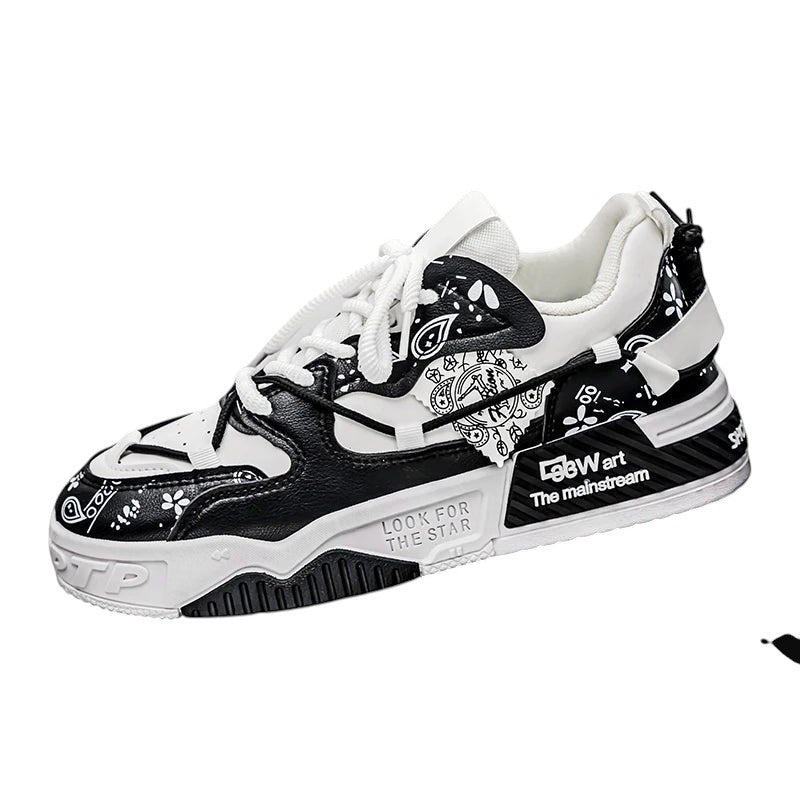 COMFORT Men's black and white fashion sneakers with graphic accents and bandana print details. Lace-up closure.