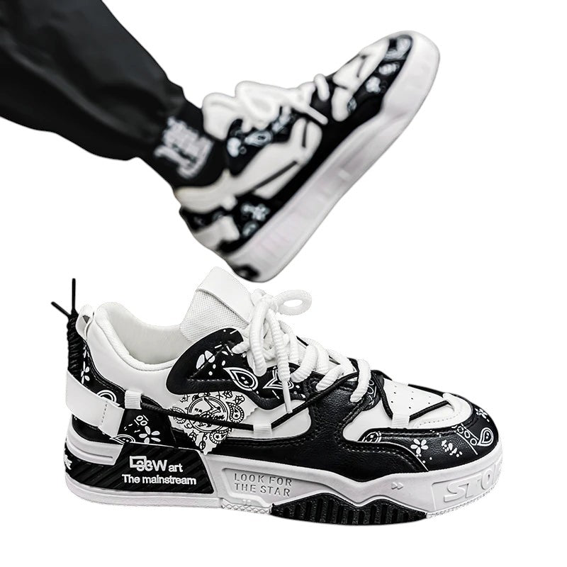 COMFORT Men's black and white fashion sneakers with graphic bandana accents and chunky sole.