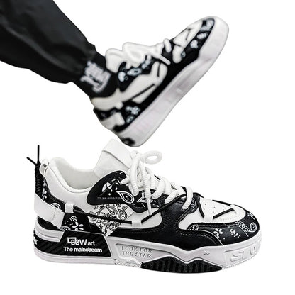 COMFORT Men's black and white fashion sneakers with graphic bandana accents and chunky sole.