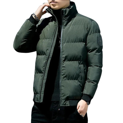 COMFORTH Men's dark green quilted puffer jacket with stand collar, full zip, ribbed cuffs and hem.