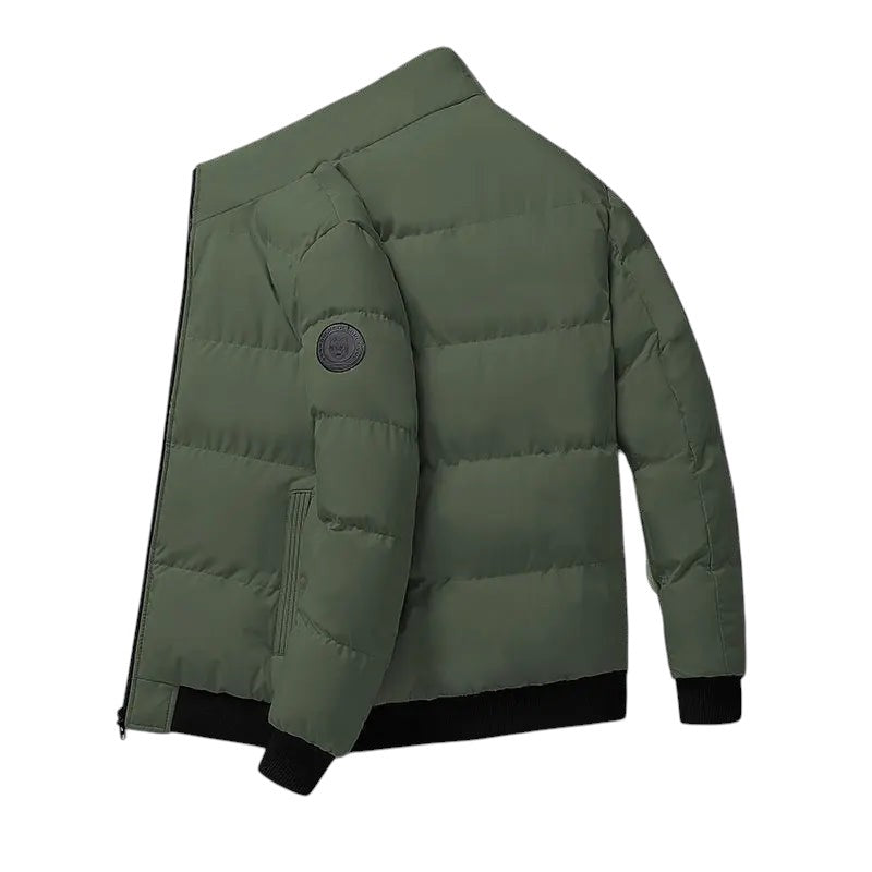 COMFORTH Men's green puffer jacket with stand collar, quilted design, and black ribbed cuffs and hem.