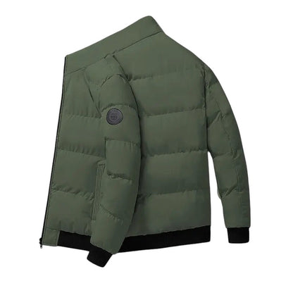 COMFORTH Men's green puffer jacket with stand collar, quilted design, and black ribbed cuffs and hem.