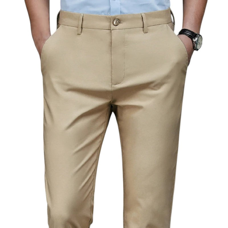 COMFORTH Men's khaki stretch dress pants with flat front and tailored fit. Breathable fabric for all-day comfort.