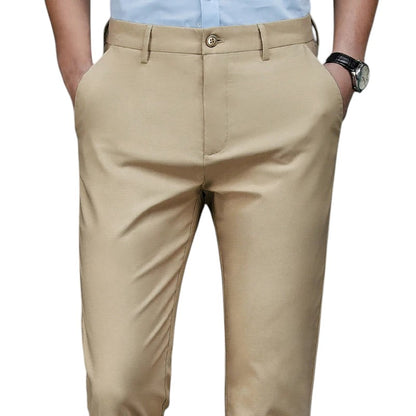 COMFORTH Men's khaki stretch dress pants with flat front and tailored fit. Breathable fabric for all-day comfort.