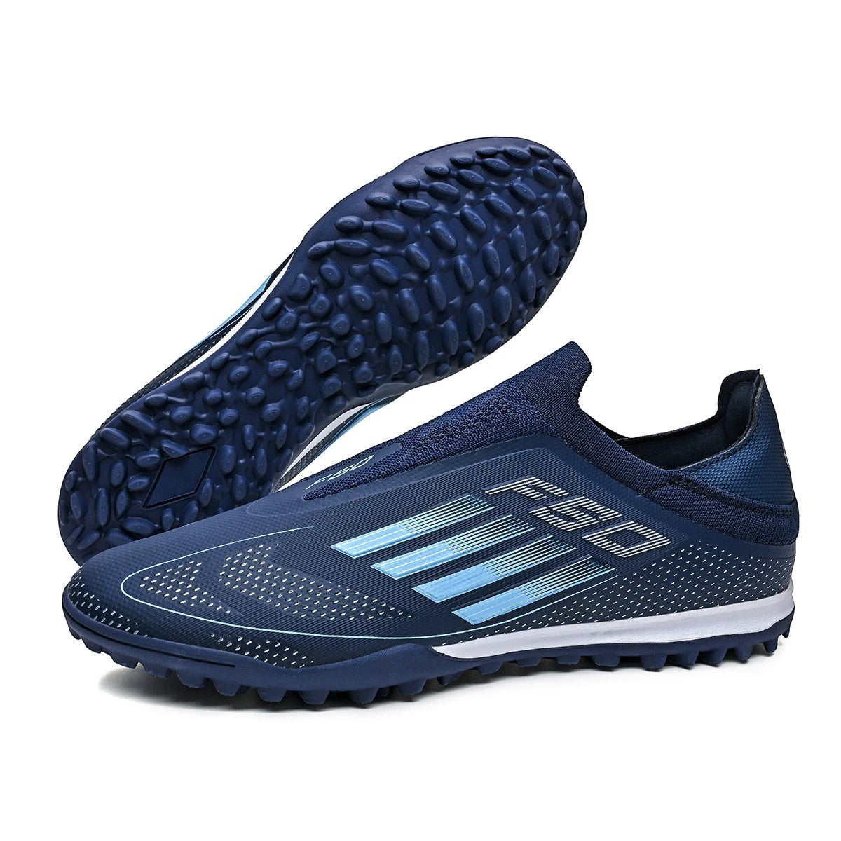 COMFORTH men's navy blue laceless soccer cleats with light blue accents. Turf outsole.