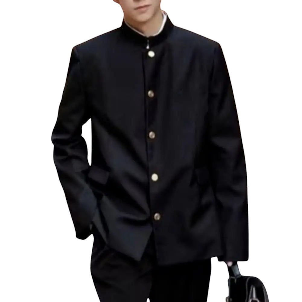 COMFORT Men's black blazer jacket with mandarin collar and gold buttons. Versatile for casual or formal wear.