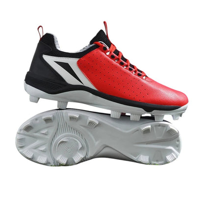 COMFORTH Men's red and black athletic cleats with white accents. Synthetic leather upper with perforations and lace-up closure.