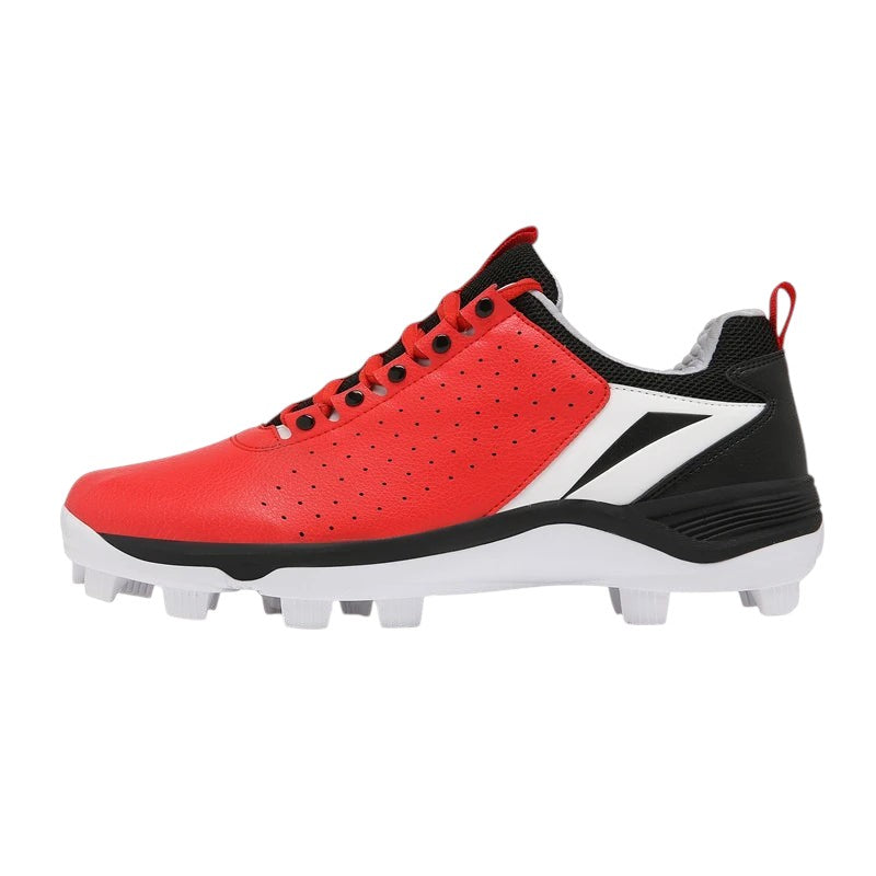 COMFORTH Men's red synthetic leather athletic cleats with black and white accents, perforated upper, and white cleated sole.