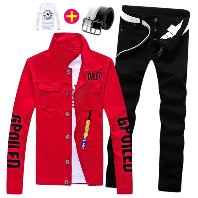 COMFORTH Men's red denim jacket and black pants set with white t-shirt and belt. Features graphic text.