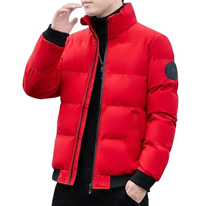 COMFORTH Men's red puffer jacket with stand collar, quilted design, ribbed cuffs, and side pockets.