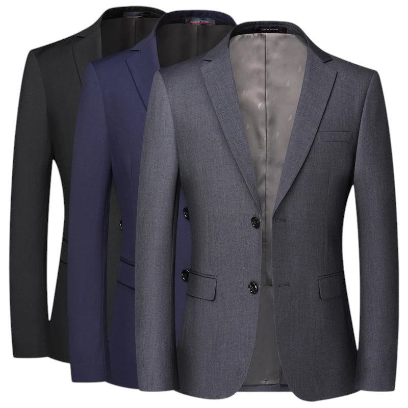 COMFORTH Men's Classic Fashion Suit Jacket in charcoal grey, navy, and black. Features notched lapels, two-button closure, and flap pockets.