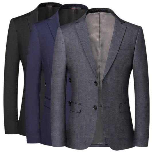 COMFORTH Men's Classic Fashion Suit Jacket in charcoal grey, navy, and black. Features notched lapels, two-button closure, and flap pockets.
