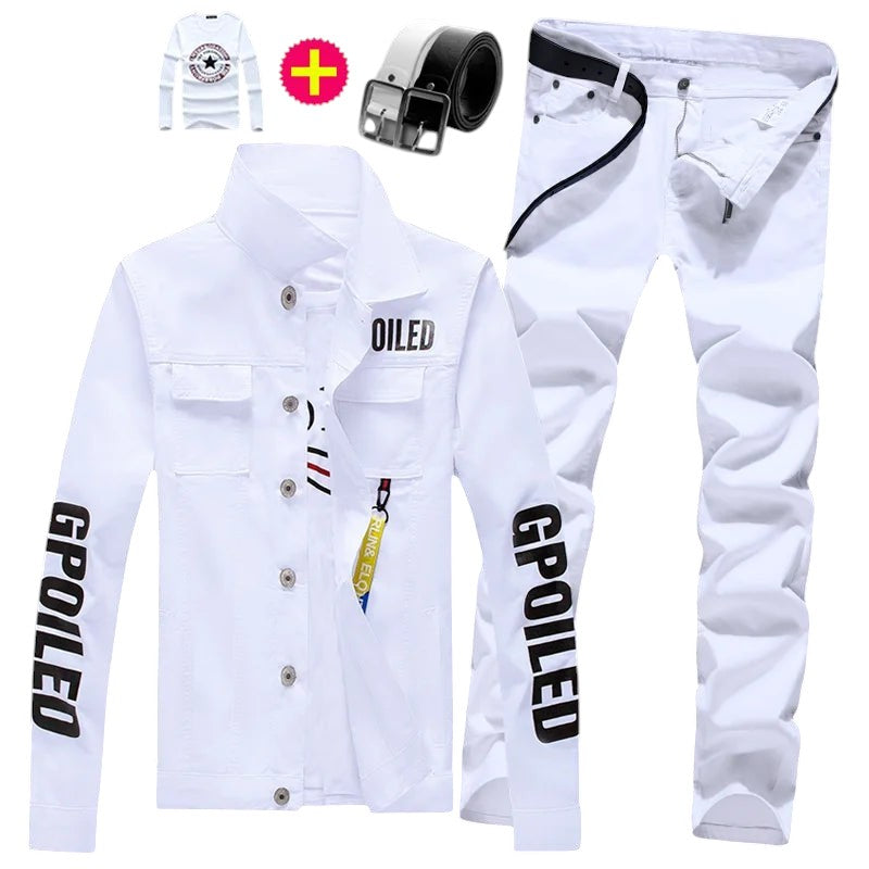 COMFORTH Men's white denim jacket and pants set with graphic t-shirt and belt. Jacket has "OILED" on chest.