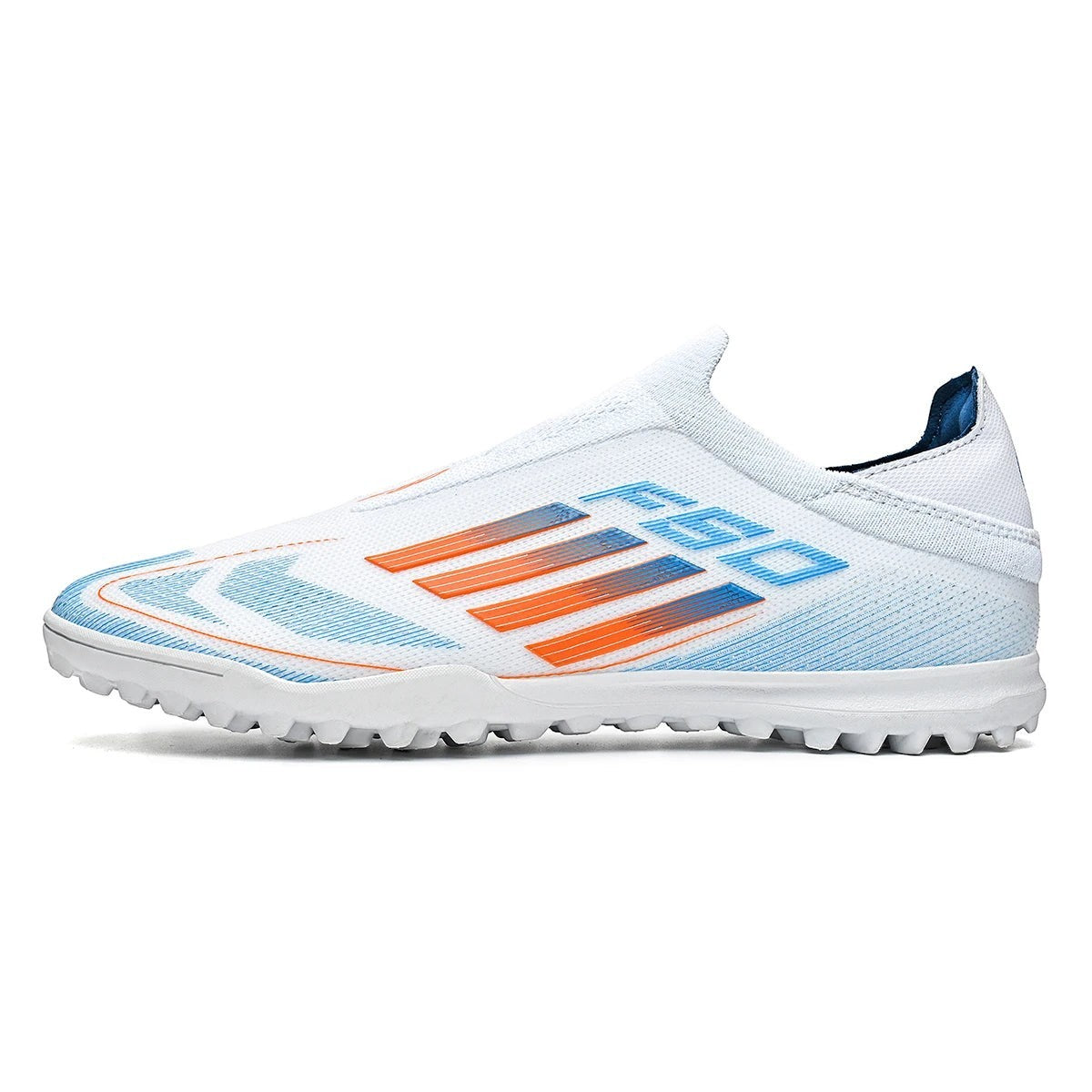 COMFORTH men's white laceless soccer cleats with orange and blue stripes and accents. Designed for turf.
