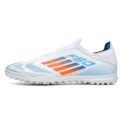 COMFORTH men's white laceless soccer cleats with orange and blue stripes and accents. Designed for turf.
