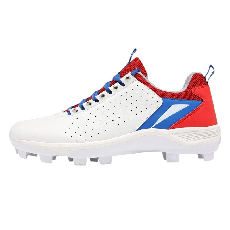 COMFORTH Men's white athletic cleats with red and blue accents, perforated synthetic leather, and white cleated sole.