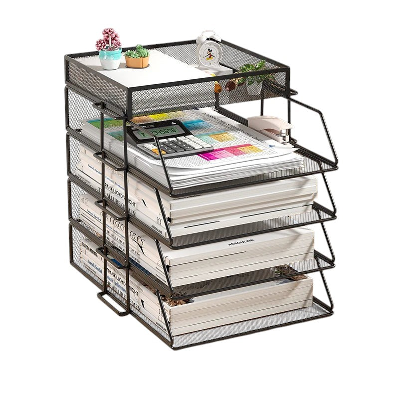 COMFORT black mesh desk organizer with 4 tiers and side storage basket, holding files, calculator, and stapler.