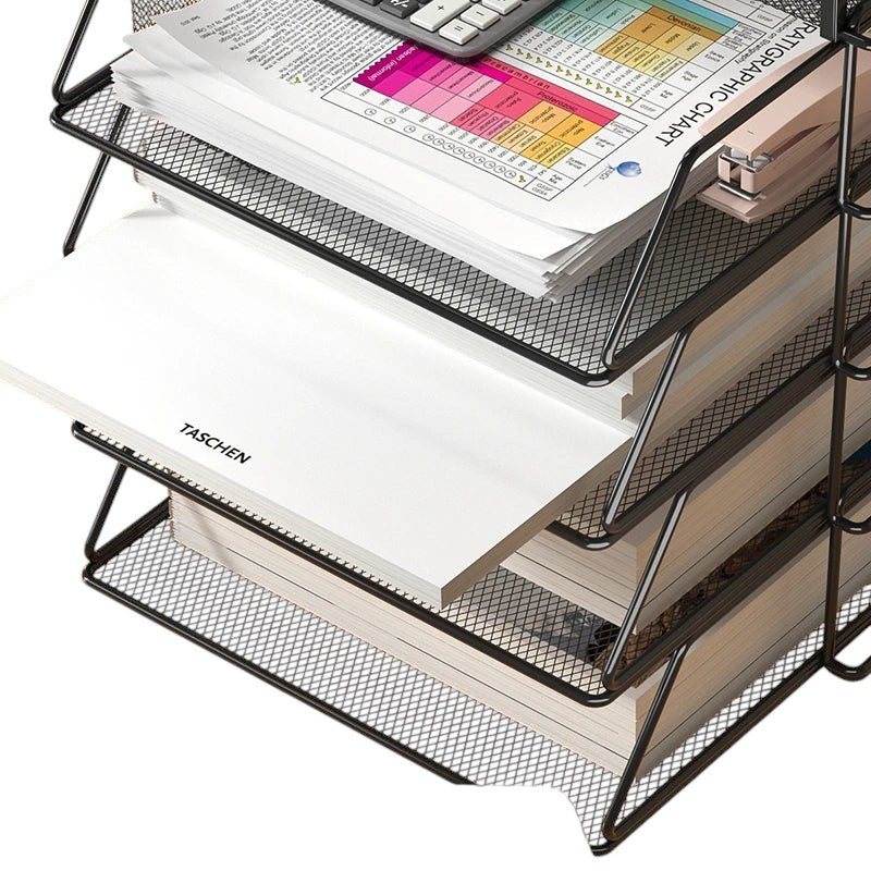 COMFORT black mesh desk organizer with 4 tiers, holding files, papers, calculator, and stapler.