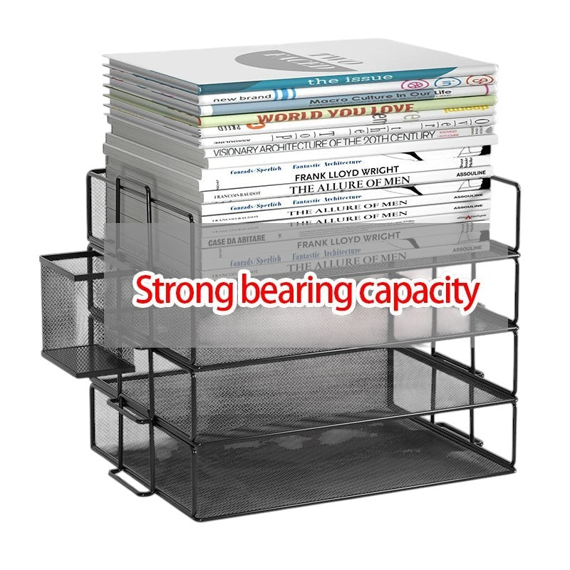 COMFORT black mesh desk organizer with 3 tiers and side caddy, holding stacked books and magazines.