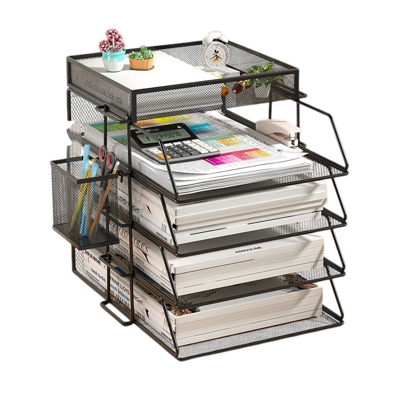 COMFORT black mesh desk organizer with 4 tiers, side pen holder, and storage basket. Holds files, books, and office supplies.