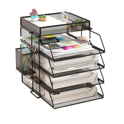 COMFORT black mesh desk organizer with 4 tiers, side pen holder, and storage basket. Holds files, books, and office supplies.