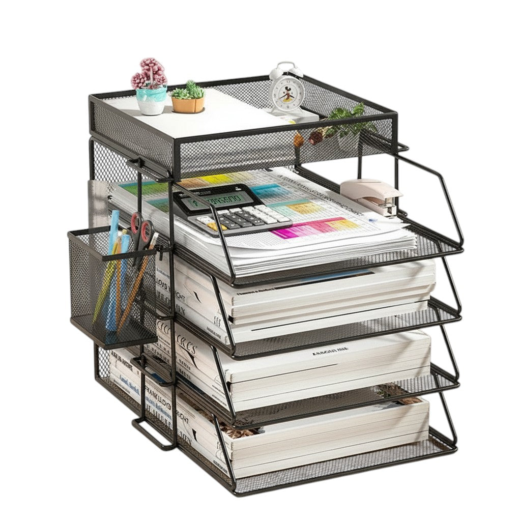 COMFORT black mesh desk organizer with 4 tiers and side caddy, holding files, calculator, stapler, pens, and decorative plants.