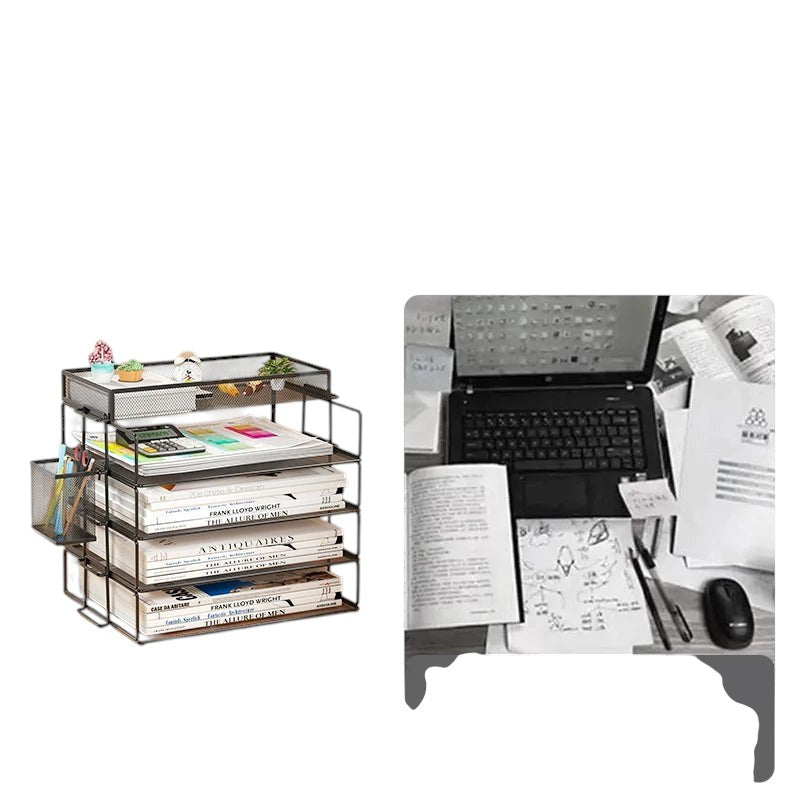 COMFORT black mesh desk organizer with 4 tiers and a side caddy holding pens and office supplies.