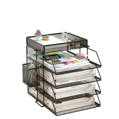 COMFORT black mesh desk organizer with 4 tiers and side caddy holding pens and scissors.