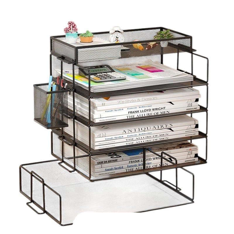COMFORT black mesh desk organizer with 4 tiers and side caddy, holding files, calculator, pens, and decor.