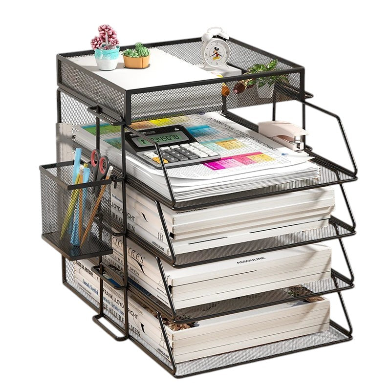 COMFORT black mesh desk organizer with 4 tiers and side caddy, holding files, calculator, stapler, pens, and decorative plants.
